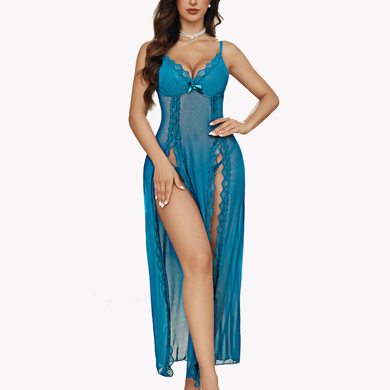 Teal lace babydoll nightdress with side splits. Sexy, feminine lingerie with adjustable straps.