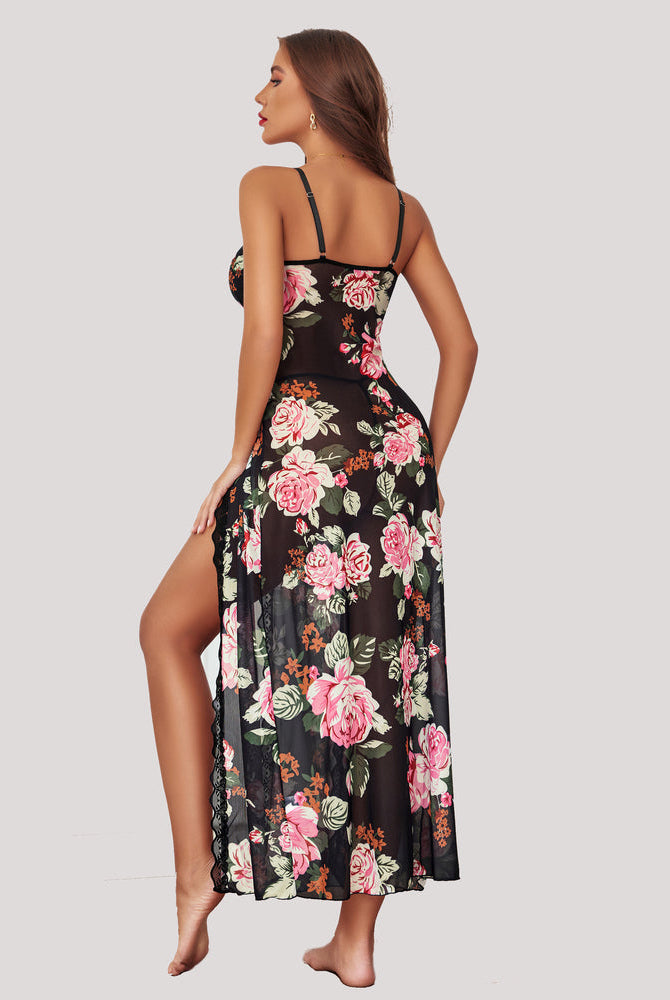 Black floral lace nightgown with pink roses, side split design. Feminine babydoll dress.