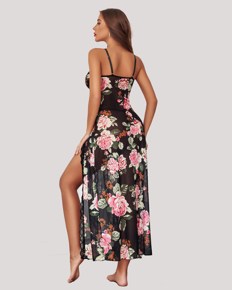 Black floral Fairy Lingerie Side Split Nightdress, lace trim, side split design, romantic look
