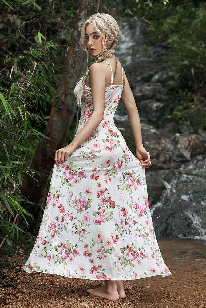 Floral Fairy Lingerie Side Split Nightdress, white dress with pink roses, romantic and sexy design