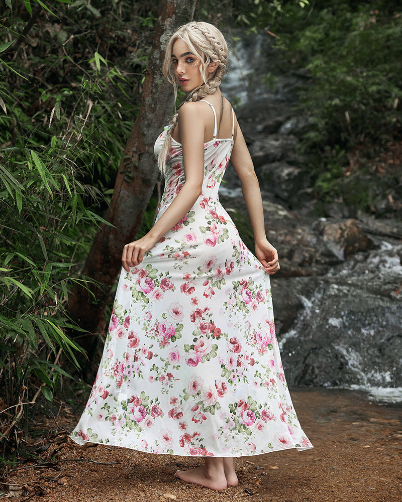 Floral Fairy Lingerie Side Split Nightdress, white dress with pink roses, romantic and sexy design