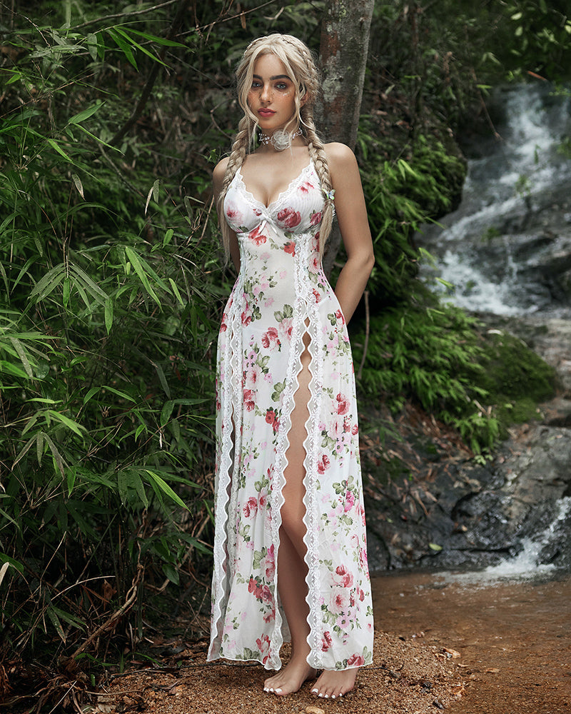 White floral Fairy Lingerie Side Split Nightdress with lace, side split design, for a romantic look