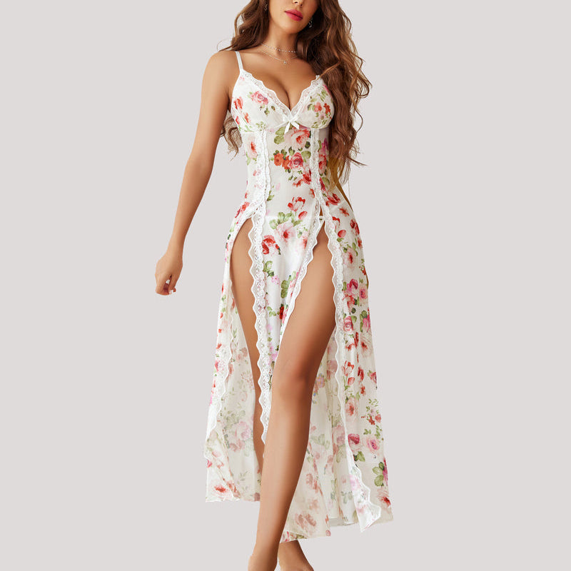 White floral lace babydoll nightgown with side splits, floral pattern, and adjustable straps