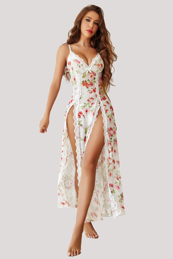 White floral Fairy Lingerie Side Split Nightdress with lace, romantic and sexy design