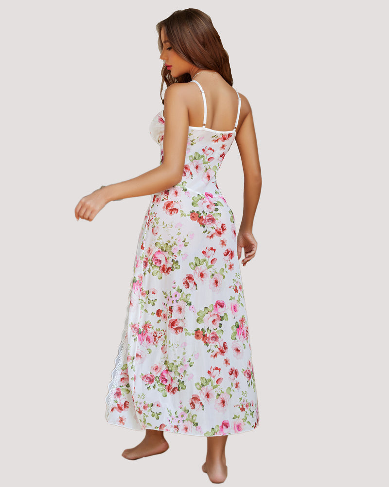 White floral lace nightgown with side split and pink rose pattern, feminine babydoll dress