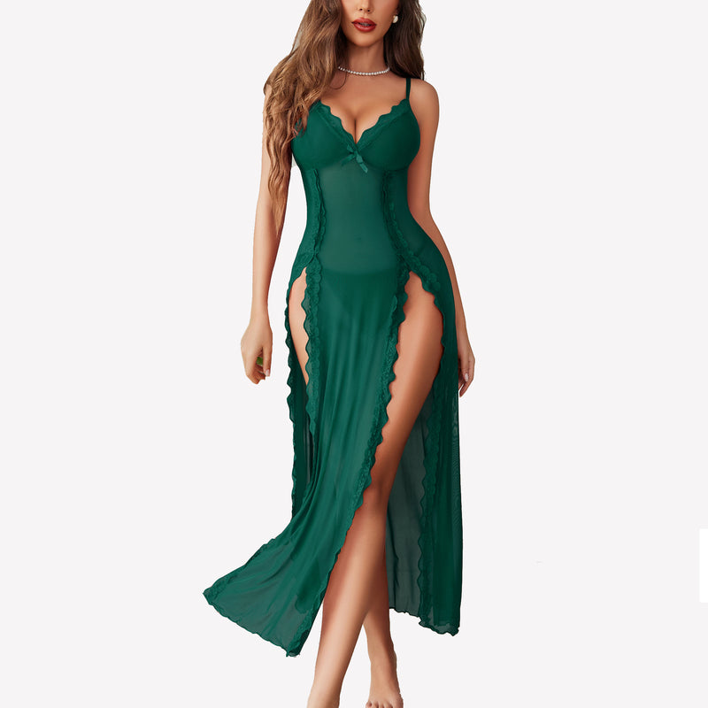 Green lace mesh side split nightgown with adjustable straps; sexy Avidlove lingerie