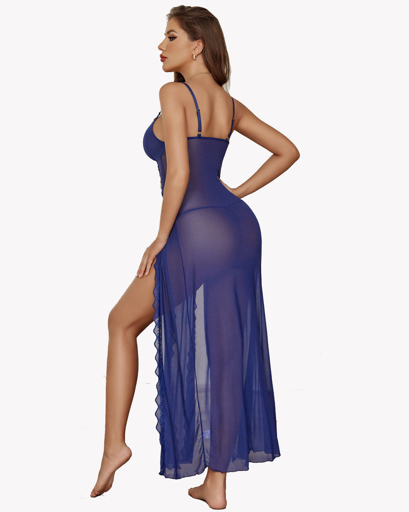 Navy blue lace mesh side split nightgown with adjustable straps; sexy lingerie
