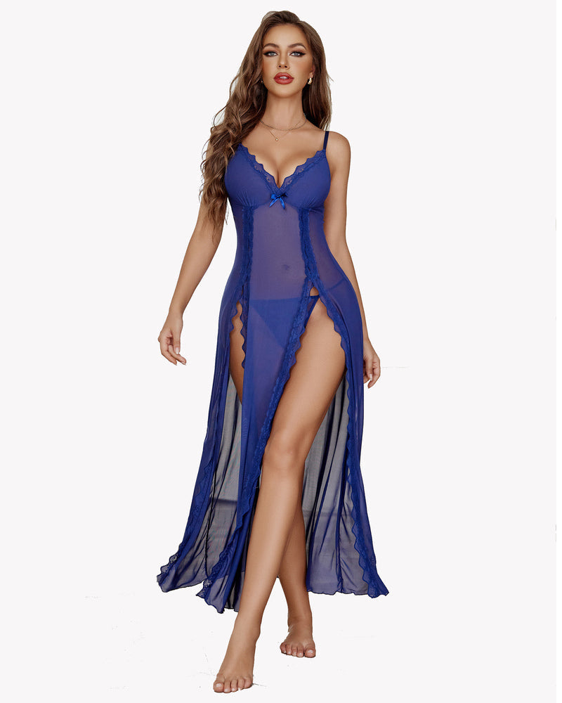 Avidlove blue lace mesh side split nightgown with floral lace and adjustable straps; sexy lingerie