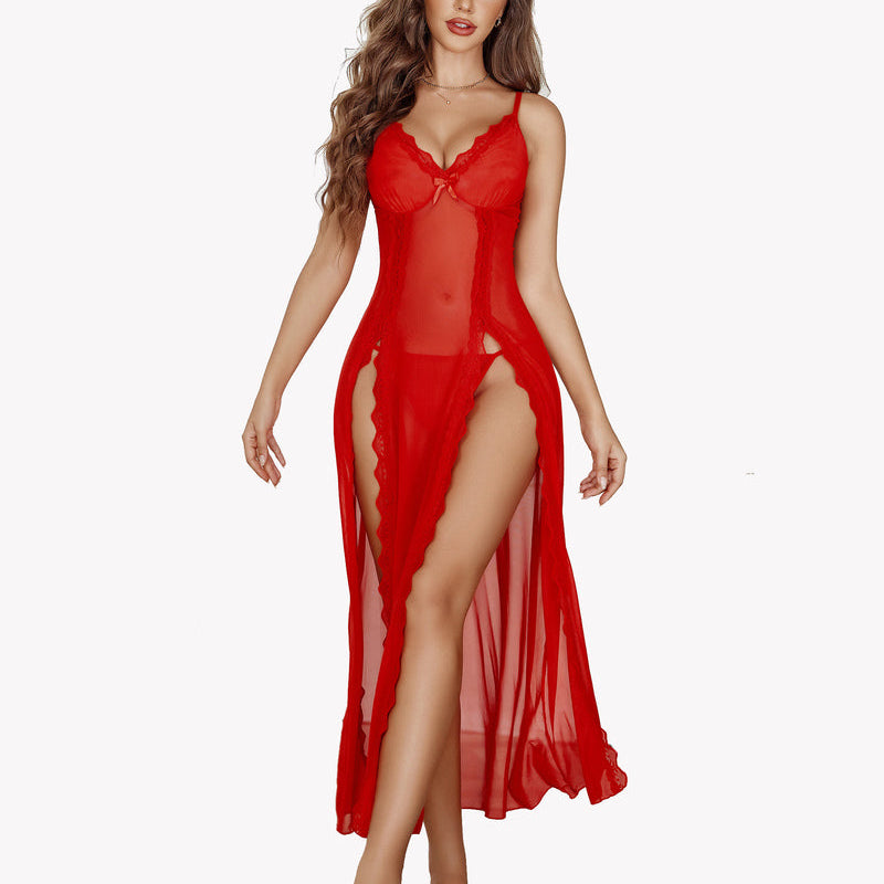 Red lace side split nightgown with floral lace cups, designed for sexy and feminine lingerie.
