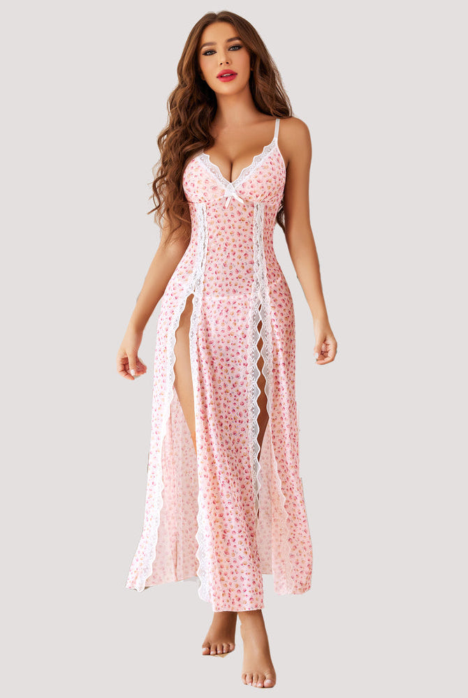 Pink floral lace babydoll nightdress with side splits. Sexy and feminine lingerie for women.