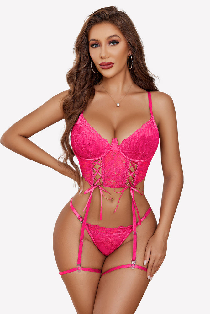 Hot pink floral lace garter lingerie set for women. Adjustable, sexy Avidlove lingerie set.