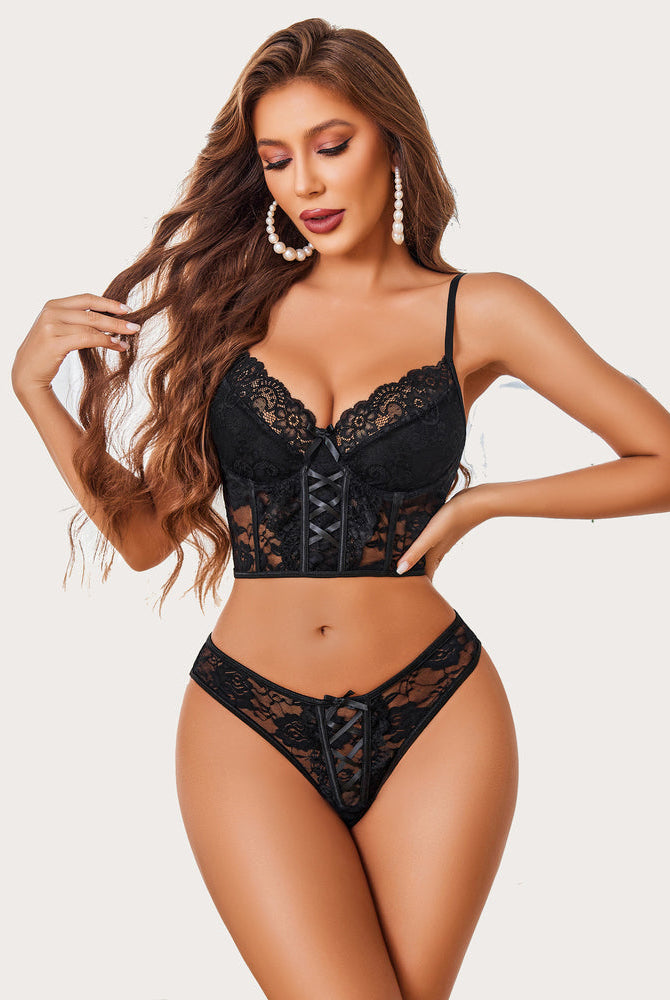 Black lace push-up bra and panty set with adjustable straps, perfect for nightwear