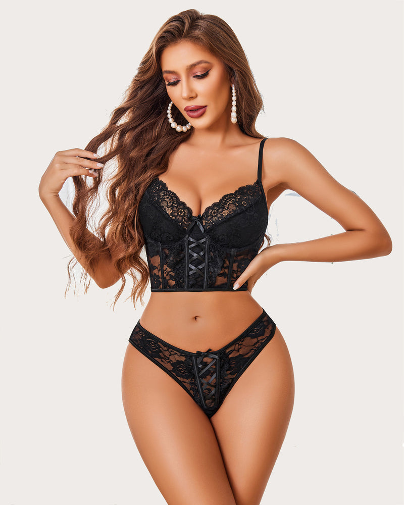 Black lace push-up bra and panty set with adjustable straps, perfect for nightwear
