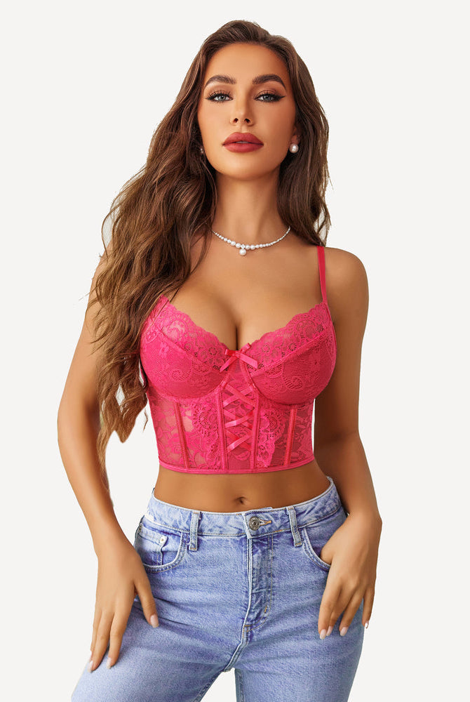 Hot pink lace corset bra with push-up design, perfect for nightwear. Sexy lingerie set for women.