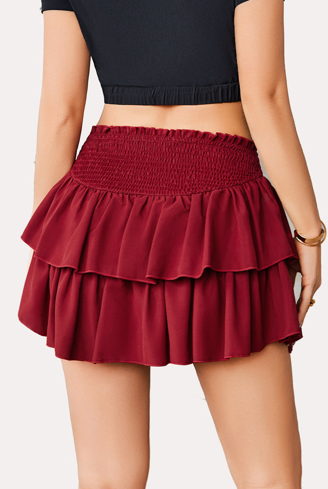 Burgundy high waist ruffle mini skirt with tiered design, made of polyester. Sexy and sweet style.