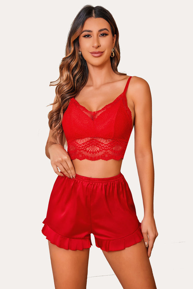 Red lace bralette and silk ruffled shorts pajama set for women. Sexy sleepwear, floral design.