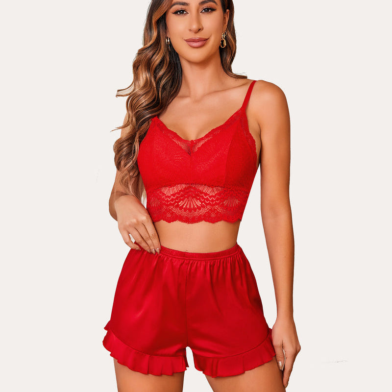 Red lace bralette and silk ruffled shorts pajama set for women. Sexy sleepwear, floral design.
