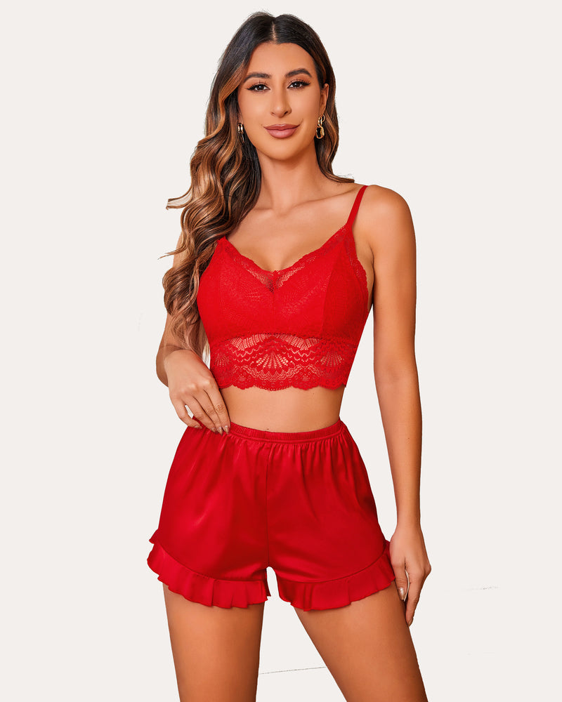 Red lace bralette and silk ruffled shorts pajama set for women. Sexy sleepwear, floral design.