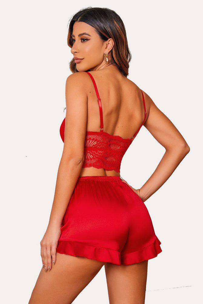 Red lace bralette and silk shorts pajama set for women. Sexy sleepwear. Floral design.
