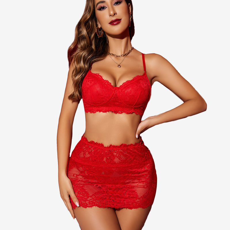 Red lace lingerie set with mini skirt and bra, perfect for special nights.