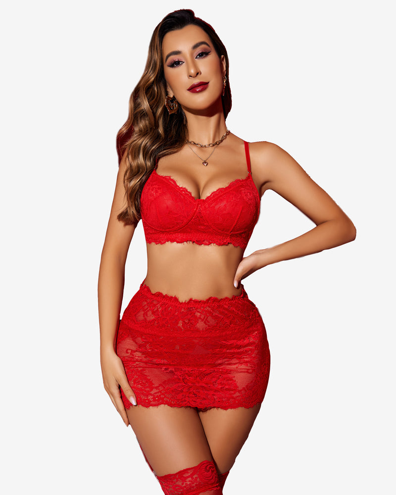 Red lace lingerie set with mini skirt and bra, perfect for special nights.