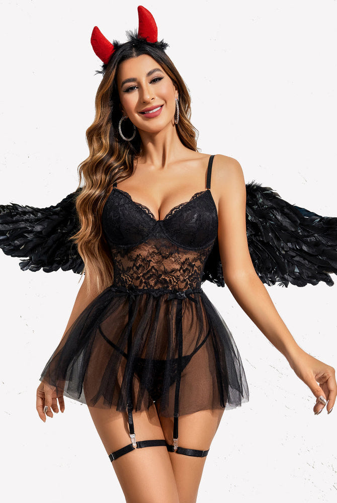 Black lace underwire babydoll lingerie set with devil horns and wings. Bridal style.