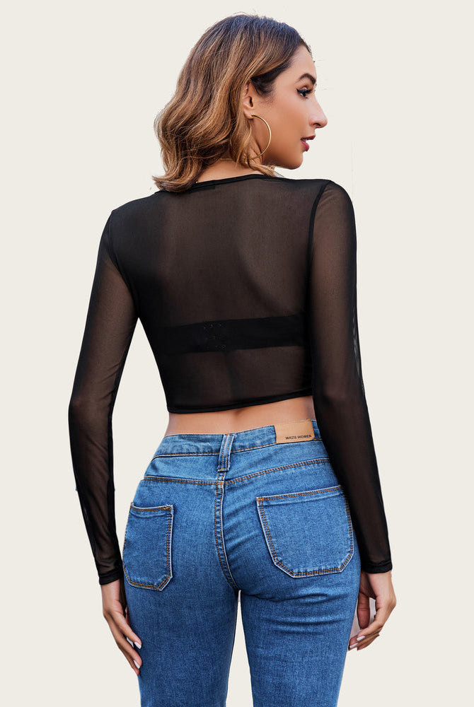 Avidlove black mesh crop top, square neck, styled with jeans, women's fashion