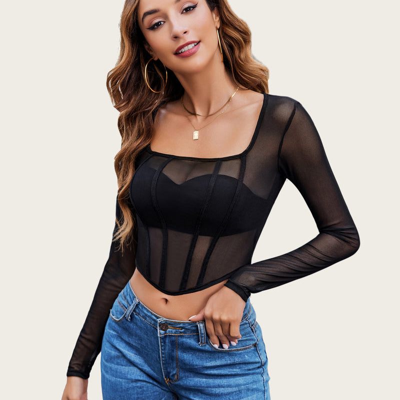 Black mesh crop top, square neck, long sleeve, women's fashion by Avidlove