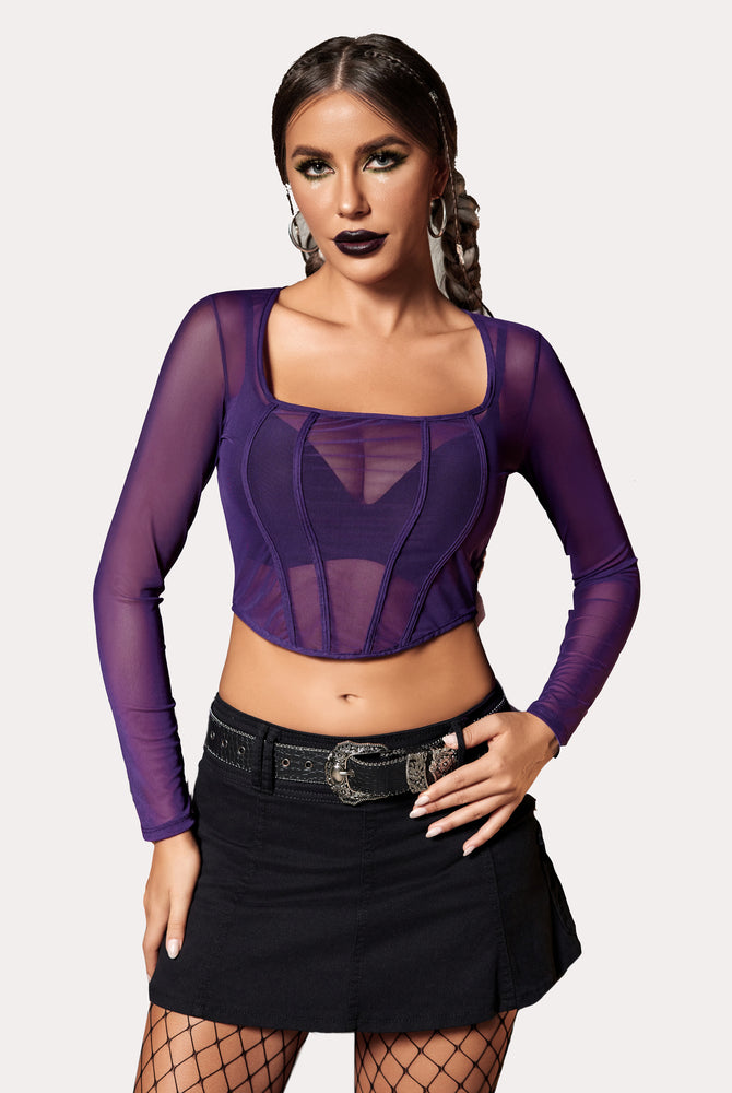 Avidlove purple mesh crop top with square neck, styled with black skirt, a stylish outfit for women