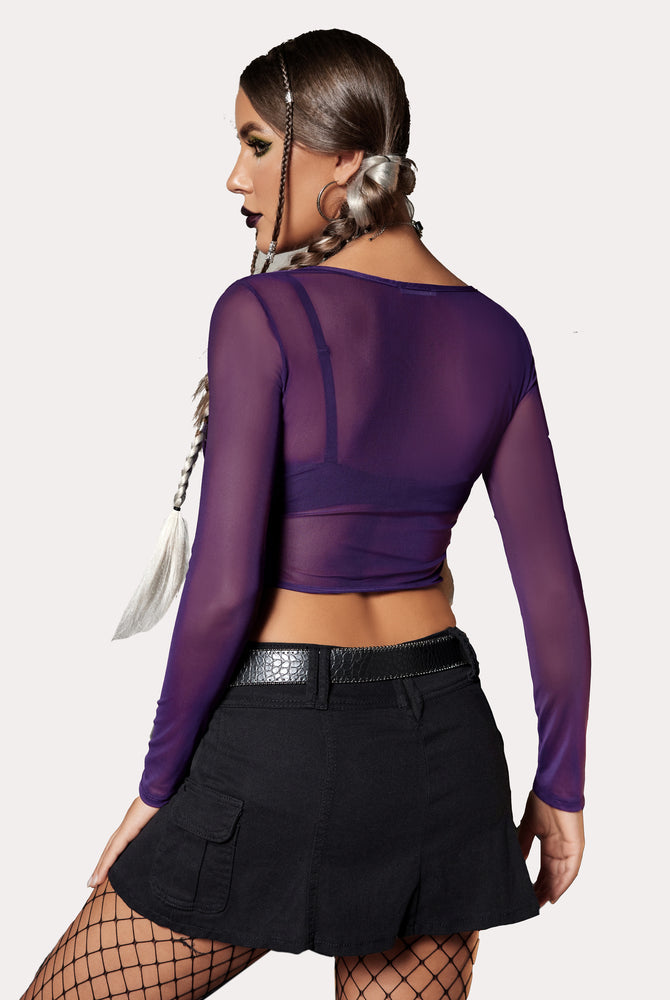 Avidlove purple mesh crop top, styled with black skirt, sheer top for women
