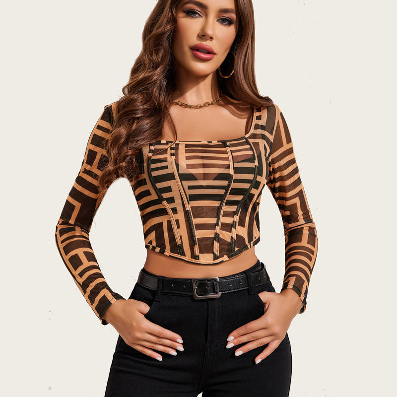Mesh crop top with geometric pattern, square neck, stylish and comfortable design