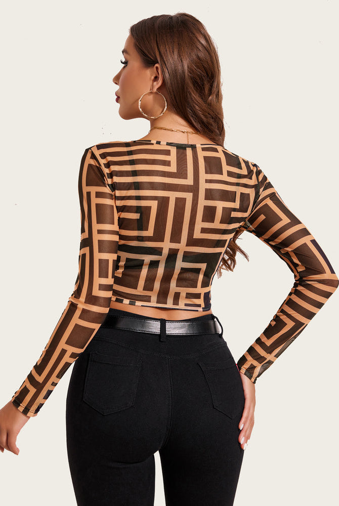 Geometric mesh crop top, square neck, long sleeve, fashion by Avidlove, sheer shirt for women.