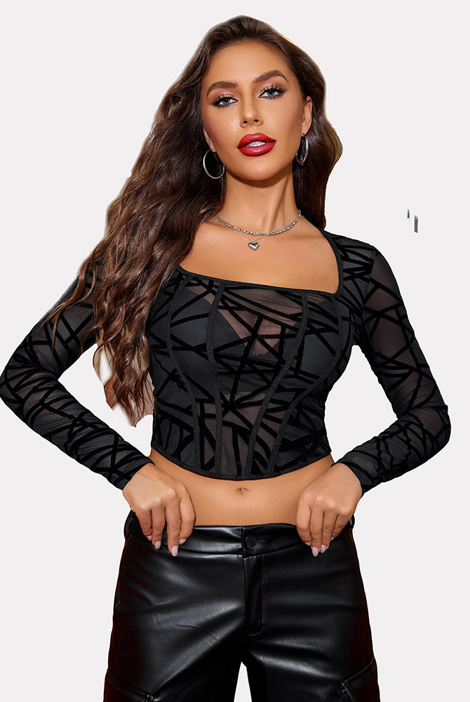 Black mesh crop top with square neck and geometric pattern, Avidlove sheer shirt for women