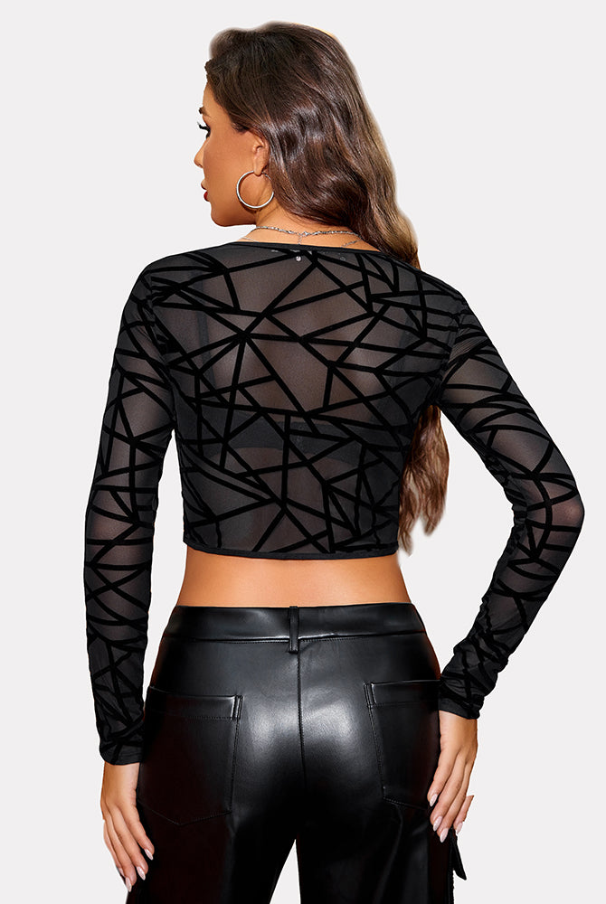 Black geometric mesh crop top, sheer shirt by Avidlove, styled with leather pants, women's fashion.