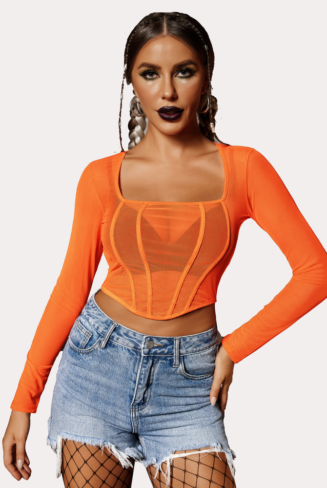 Orange mesh crop top with square neck, stylish sheer shirt for women; a sexy outfit