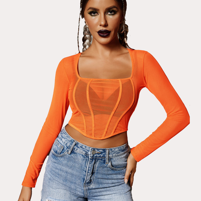 Orange mesh crop top with square neck, stylish sheer shirt for women; a sexy outfit