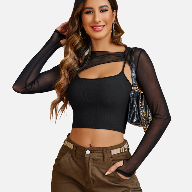 Black mesh crop top and cami top set. A stylish and elegant lingerie set for women.