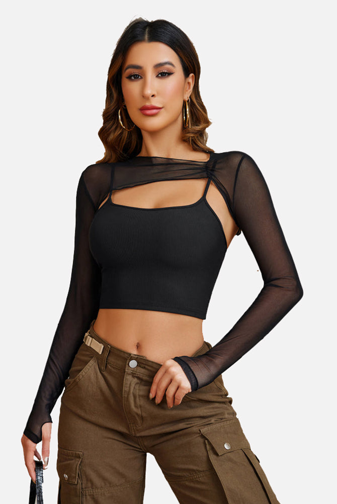 Black mesh crop top and cami top set, lingerie for women. A sexy, fashionable look.