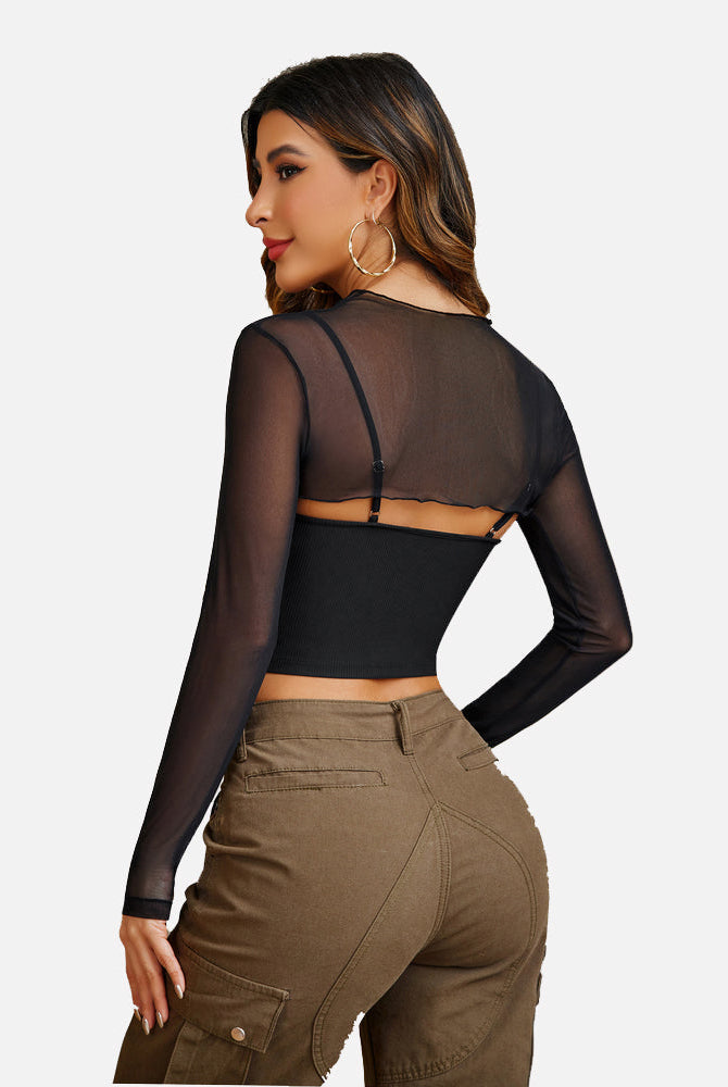 Mesh crop top and cami set for women, black and stylish, perfect for a confident, fashionable look.