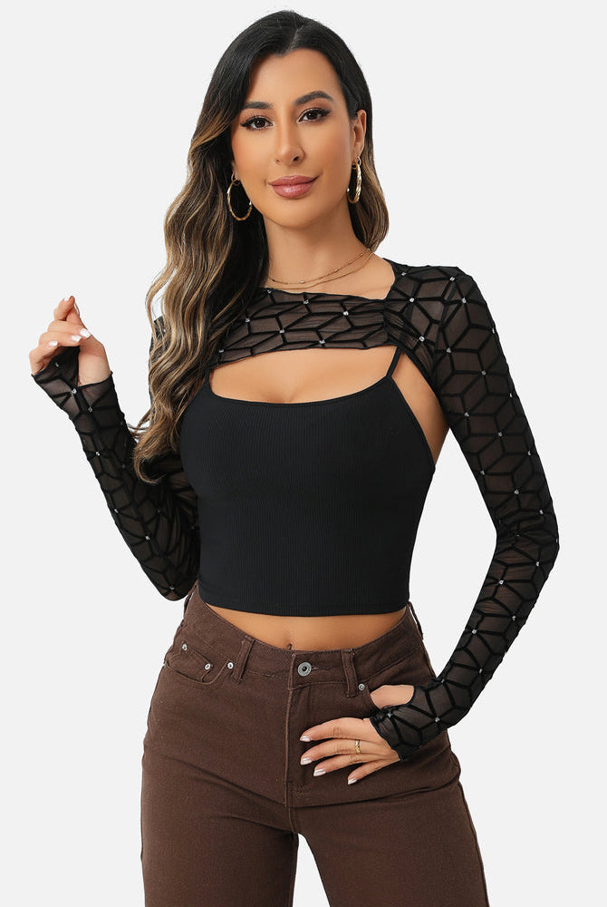 Black mesh crop top with cami top set, perfect for a fashionable and elegant look.