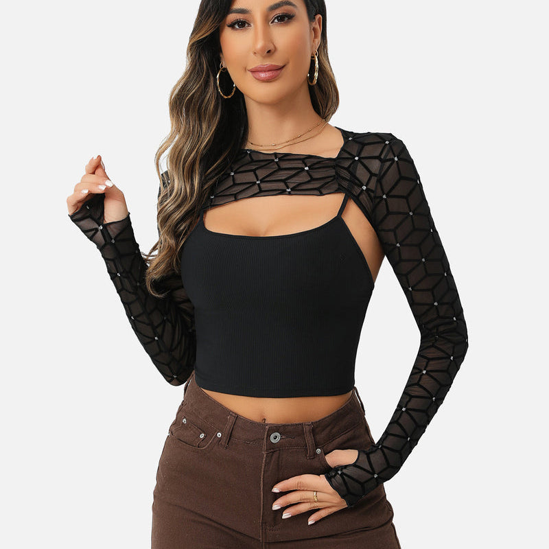 Black mesh crop top with cami top set, perfect for a fashionable and elegant look.