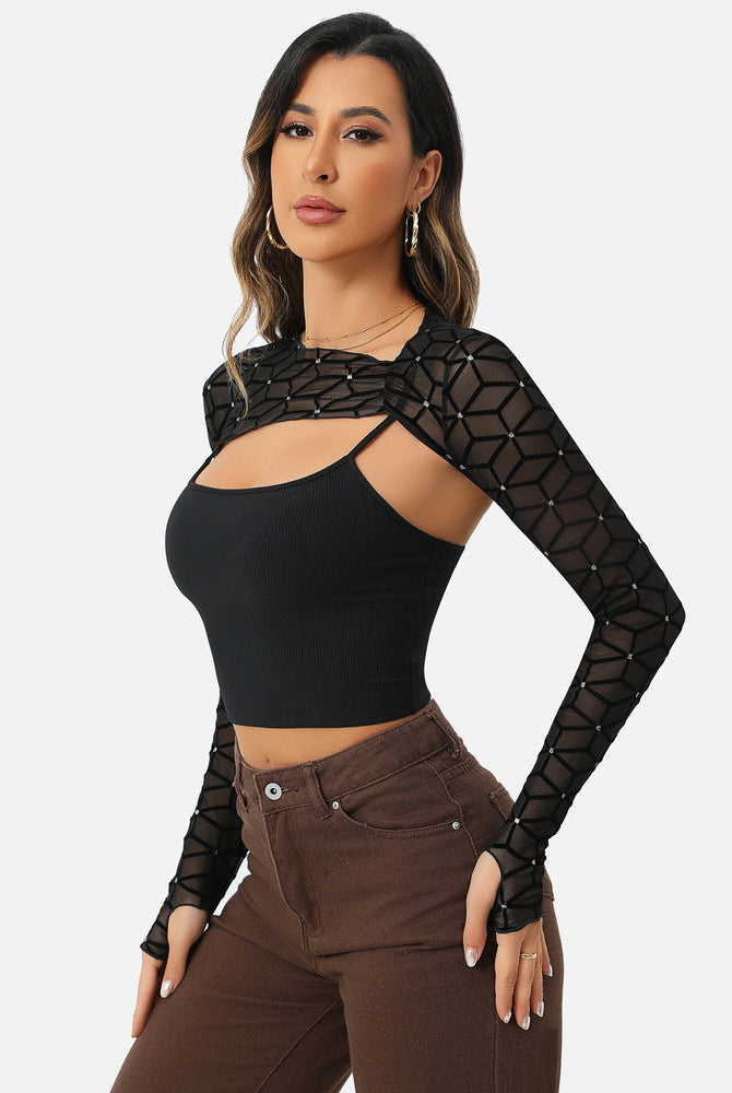 Black mesh crop top and cami top set, perfect for a fashionable and elegant look.