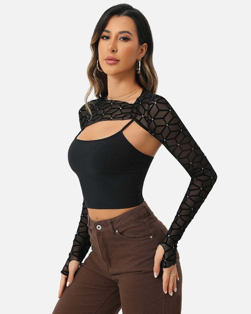 Black mesh crop top and cami top set, perfect for a fashionable and elegant look.