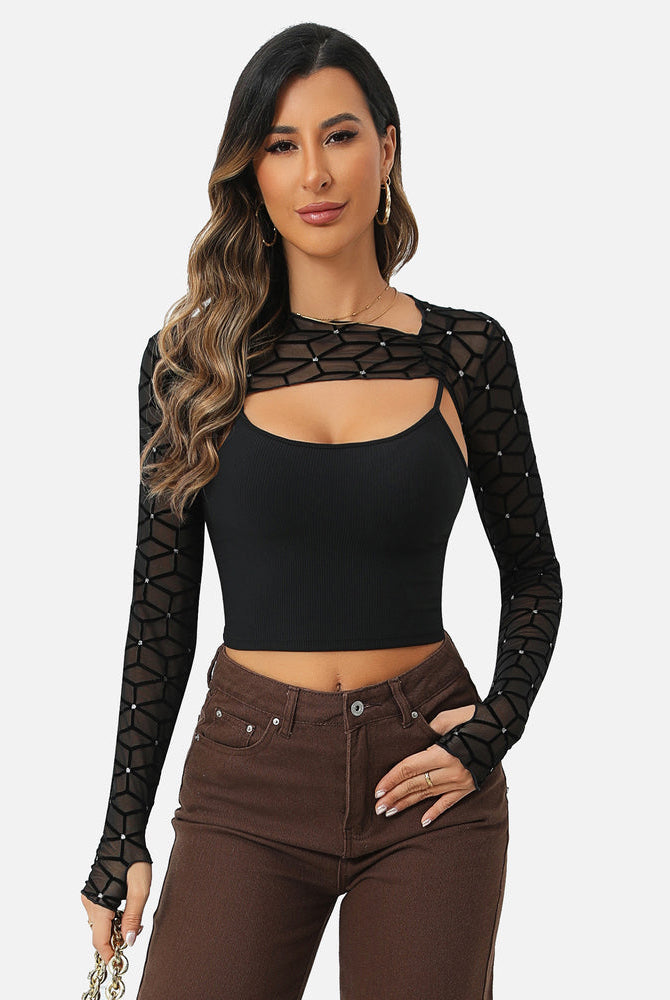Black mesh crop top and cami top set for women, fashionable and sexy lingerie.