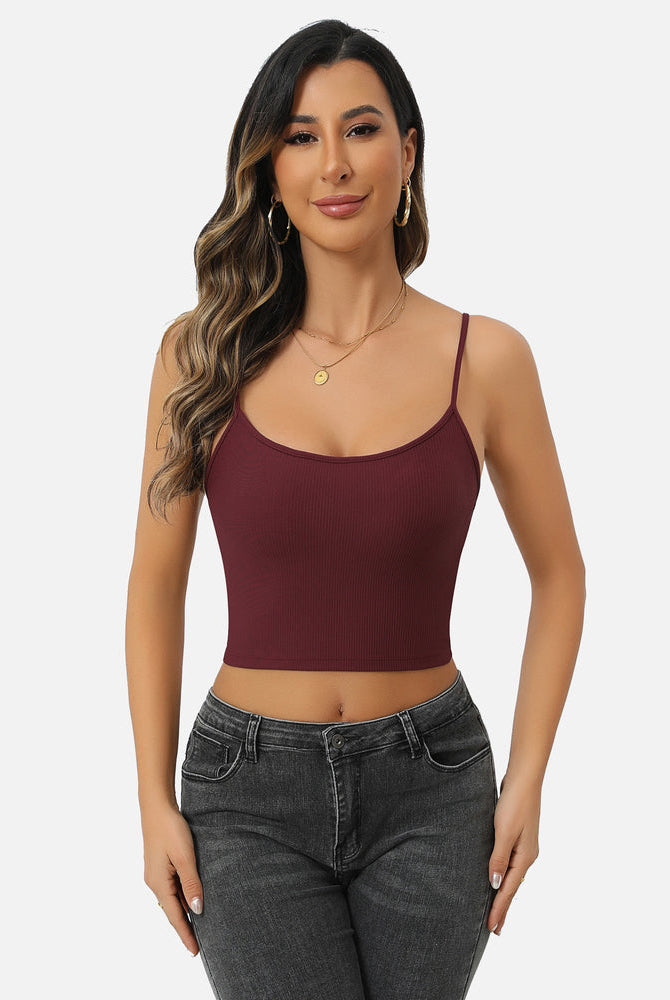 Burgundy ribbed cami crop top. Stylish and elegant for a fashionable look. Perfect with jeans.
