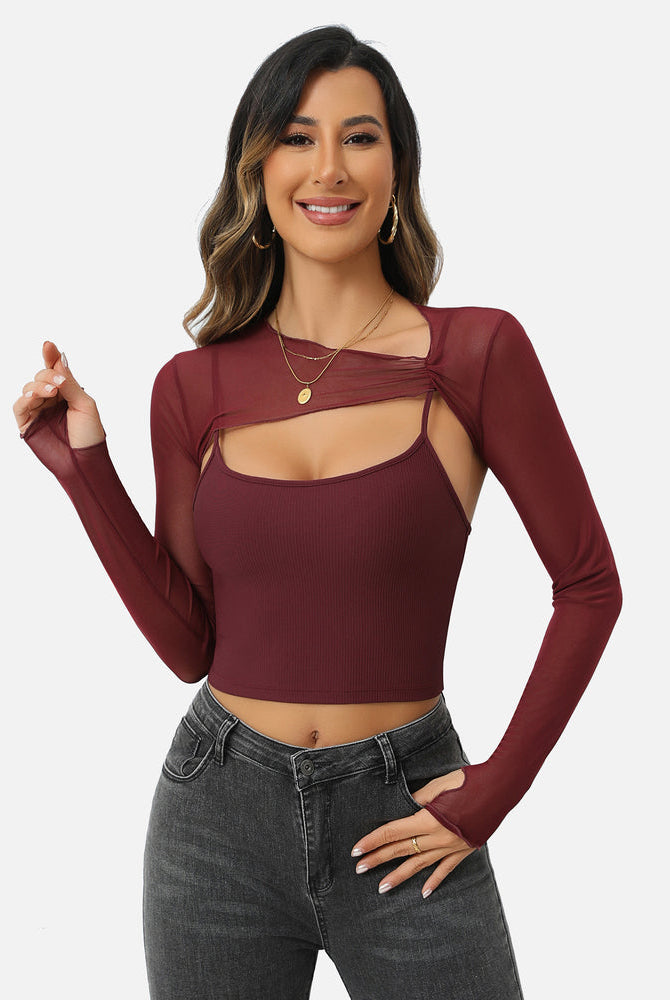 Burgundy mesh crop top and cami set, a fashionable two-piece lingerie set for women.