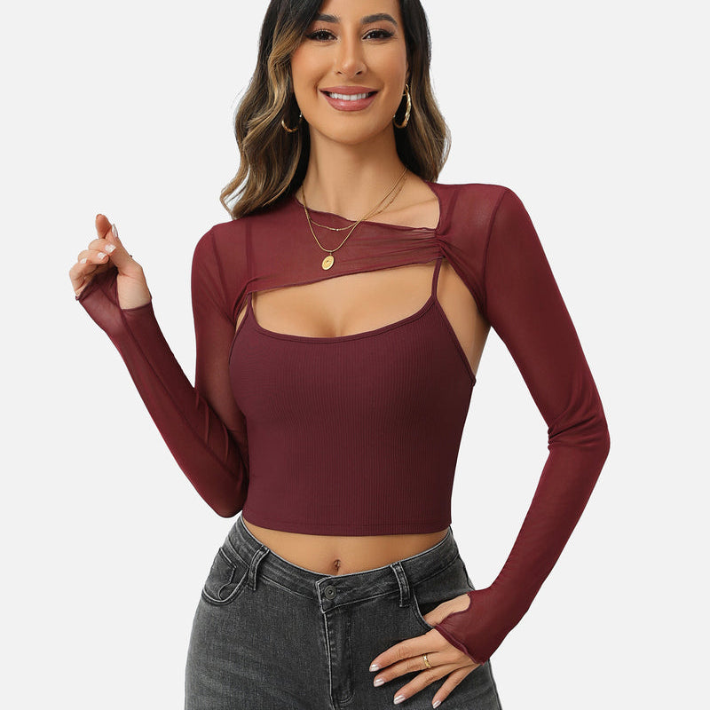 Burgundy mesh crop top and cami set, a fashionable two-piece lingerie set for women.