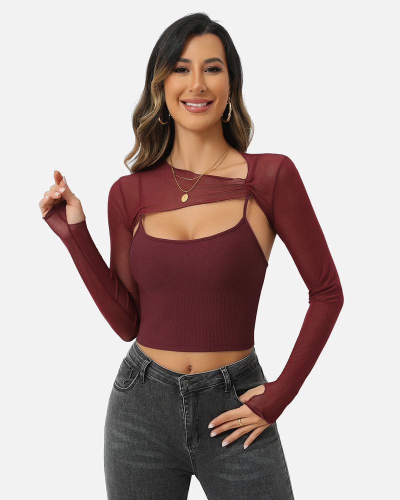 Burgundy mesh crop top and cami set, a fashionable two-piece lingerie set for women.