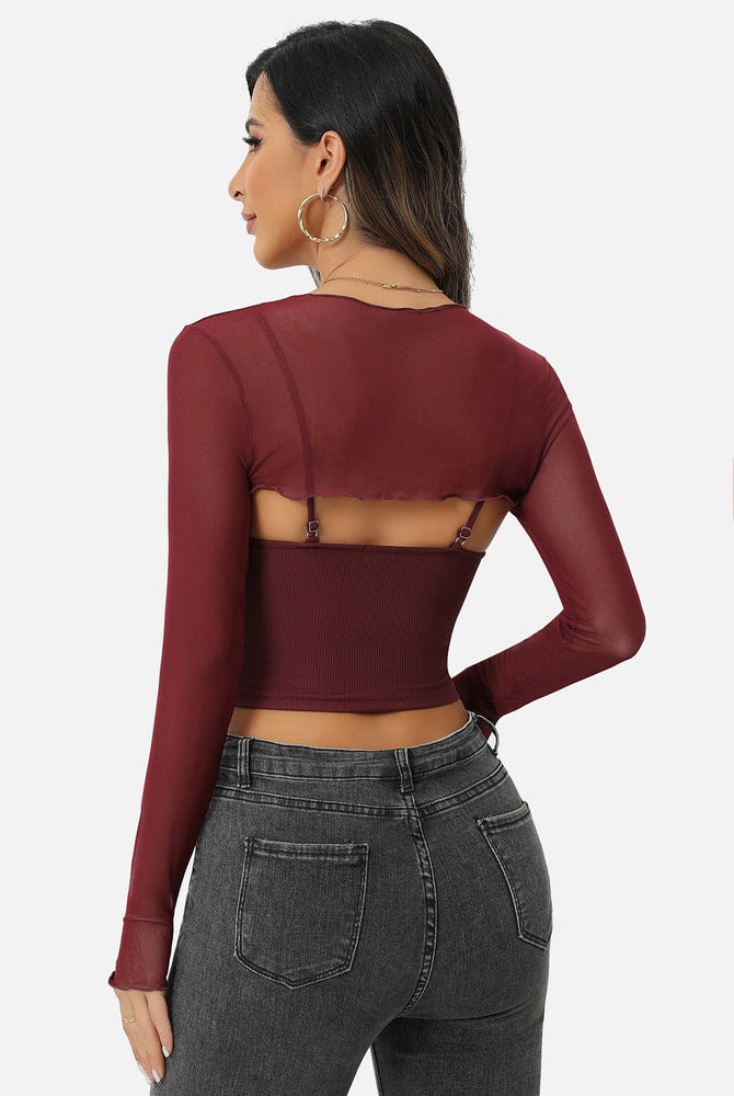 Burgundy mesh crop top and cami set for women, stylish long-sleeved lingerie with adjustable straps.