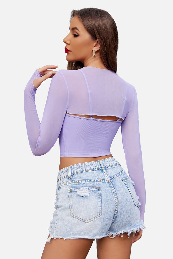 Lilac mesh crop top and cami set, fashionable lingerie with long sleeves for a stylish look.
